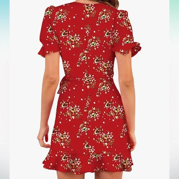 Women's Floral Print Dress Short Sleeve Wrap Tie Waist Ruffle, sz Large - Picture 2 of 3